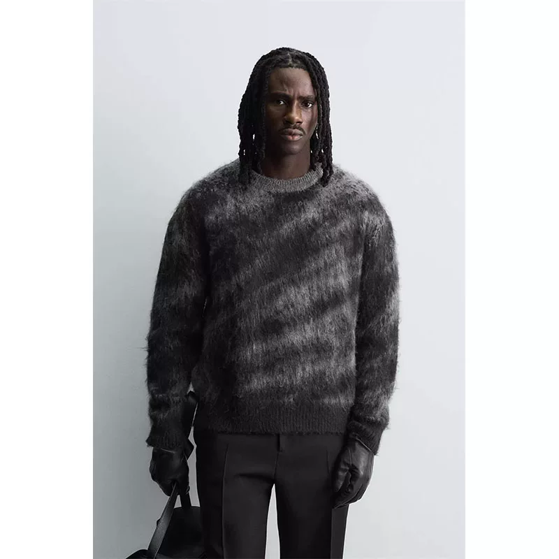 2025 Winter New Product Men's Loose Brushed Jacquard Round Neck Long Sleeve Knitted Sweater 9598261 800