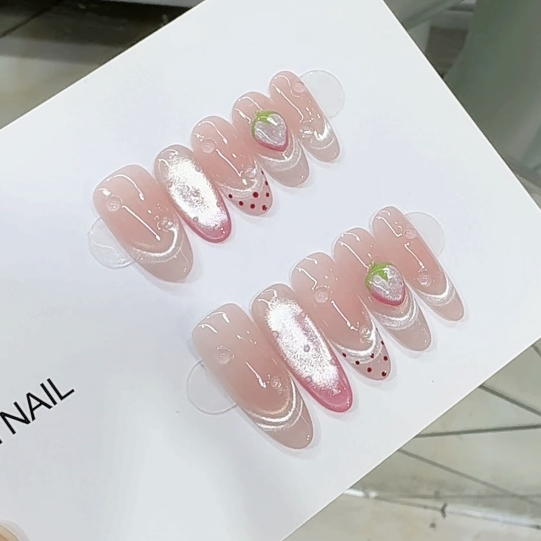 Nai Zi Handmade Wearable Nails Sweet Berry Blossom Purely Hand-Painted Petal French Cat Eye Style Zircon Elegant Nail Stickers