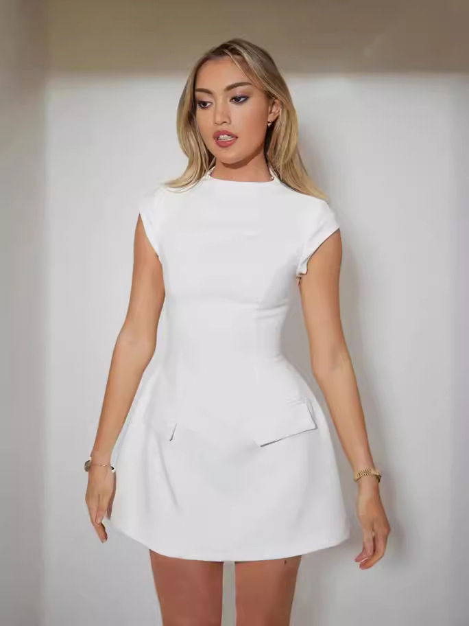 2025 Spring and Summer New Amazon New European and American Clothing Solid Color Round Neck Pocket Design Waist Slim Dress