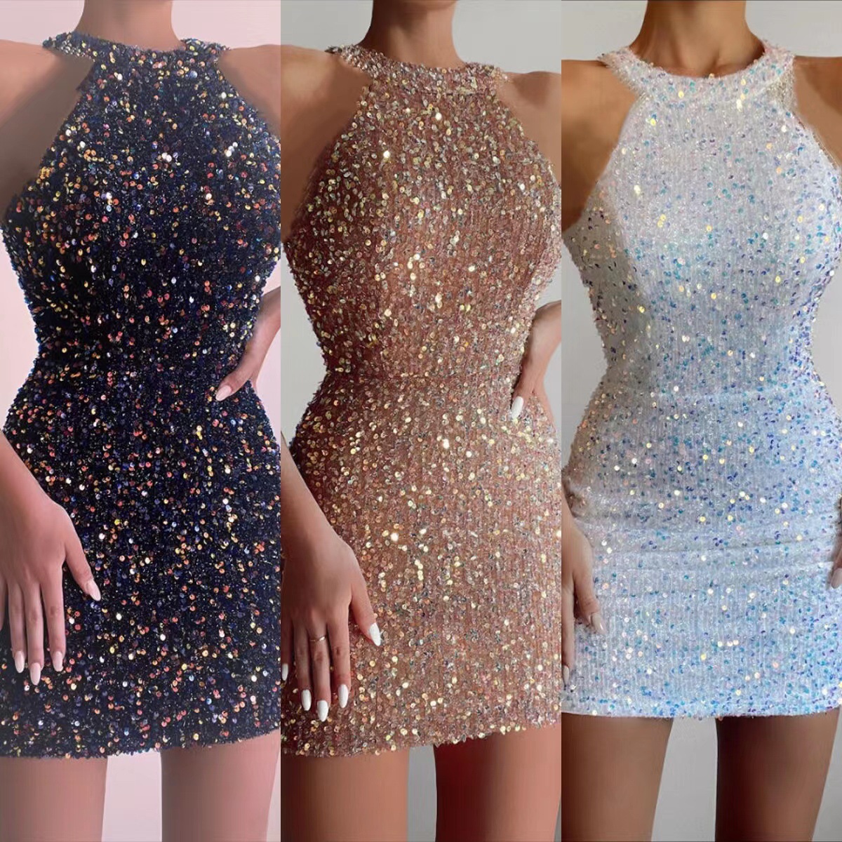 2025 European and American Cross-Border New Fashion Halterneck Sexy Crystal Tassel Hip-Covering Sequin Dress Mid-Waist Evening Dress