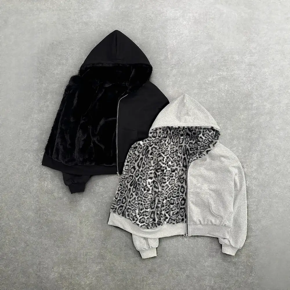 European and American Cross-Border Long-Sleeved Pullover Hooded Sweatshirt with Two-Sided Pattern Retro Leopard Print Zipper Hoodie Loose Personalized Top