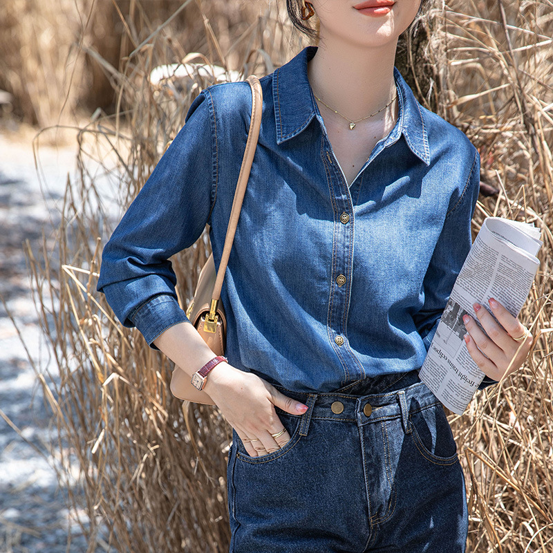 Blue Denim Shirt for Women 2026 Spring and Autumn Layered Design Niche Retro Hong Kong Style Loose Long-Sleeve Versatile Top