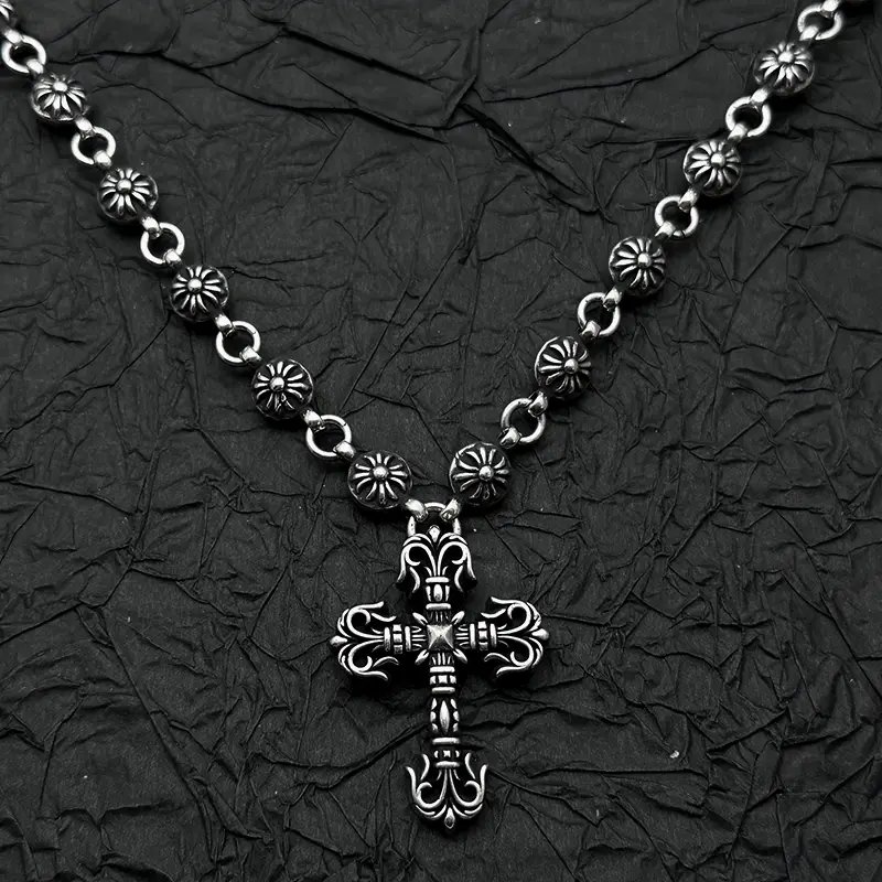 Aeteey Vintage Distressed Flame Cross Necklace Integrated Chain Cross Flower Ball Chain European and American Unisex Niche Hip-Hop