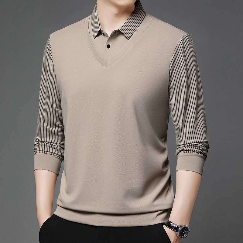 Business Fake Two-piece Sweater Men's Autumn and Winter New Casual Warm Long-sleeved T-shirt Polo Shirt Base Shirt for Middle-aged and Elderly