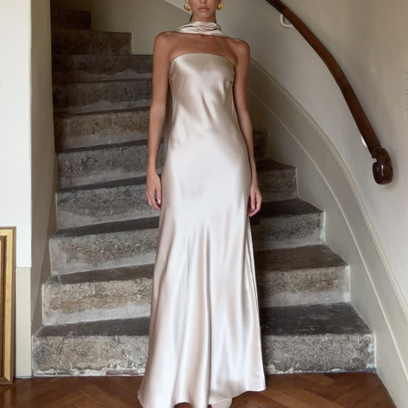 European and American Foreign Trade 2025 Summer New Women's Slim-fit Elegant Satin Evening Dress Sling Dress dress Women