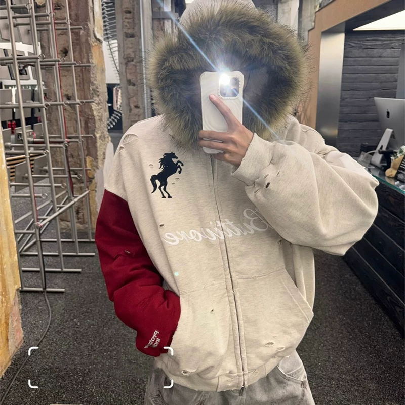 17STU Protocol Index Act Splicing Destruction War Horse Haired Collar Zipper Hoodie Coat Trendy