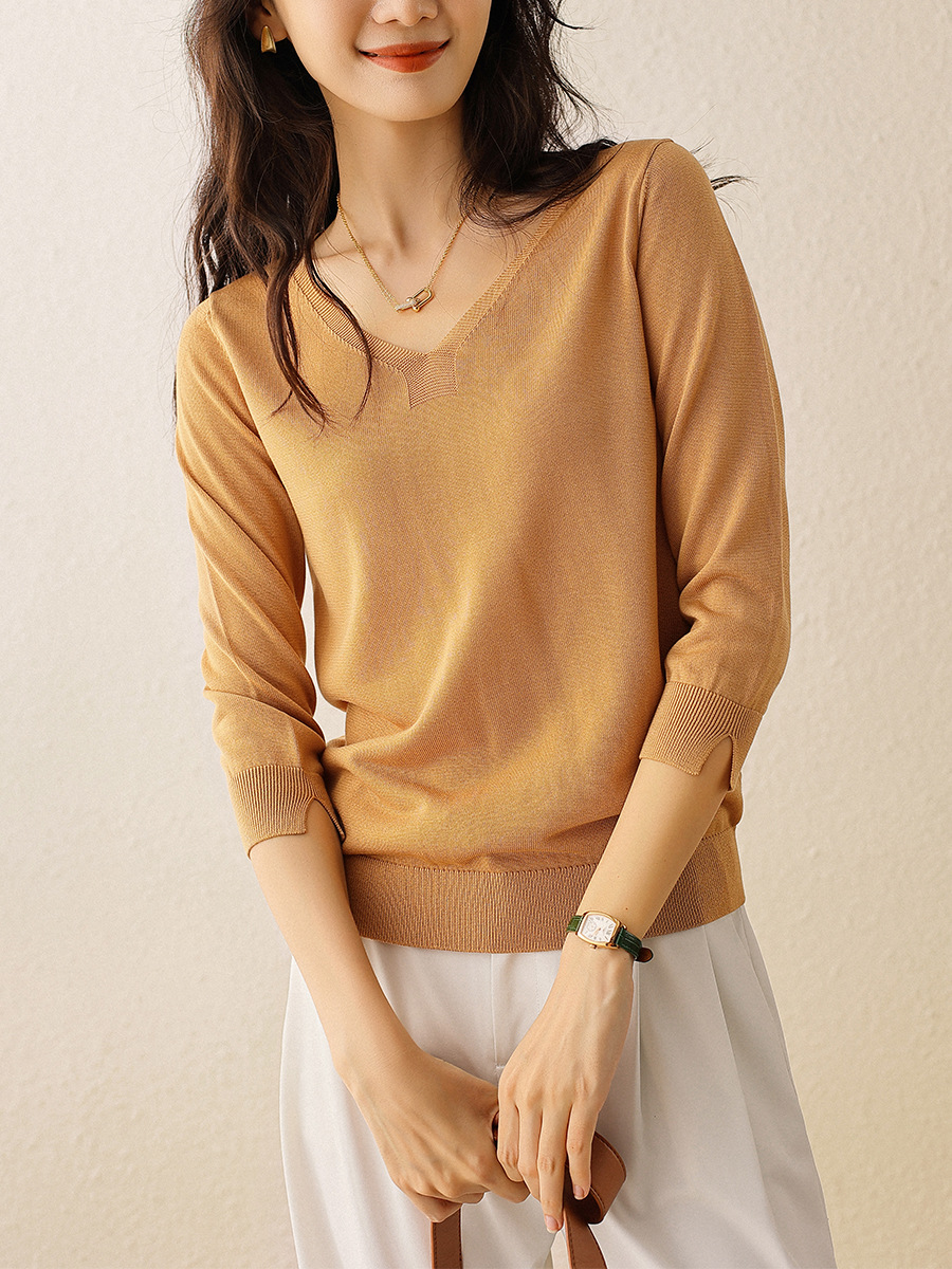 Lessel Tencel Sweater Top Women's Summer V-neck Pullover Elegant All-match Half-sleeve Sweater