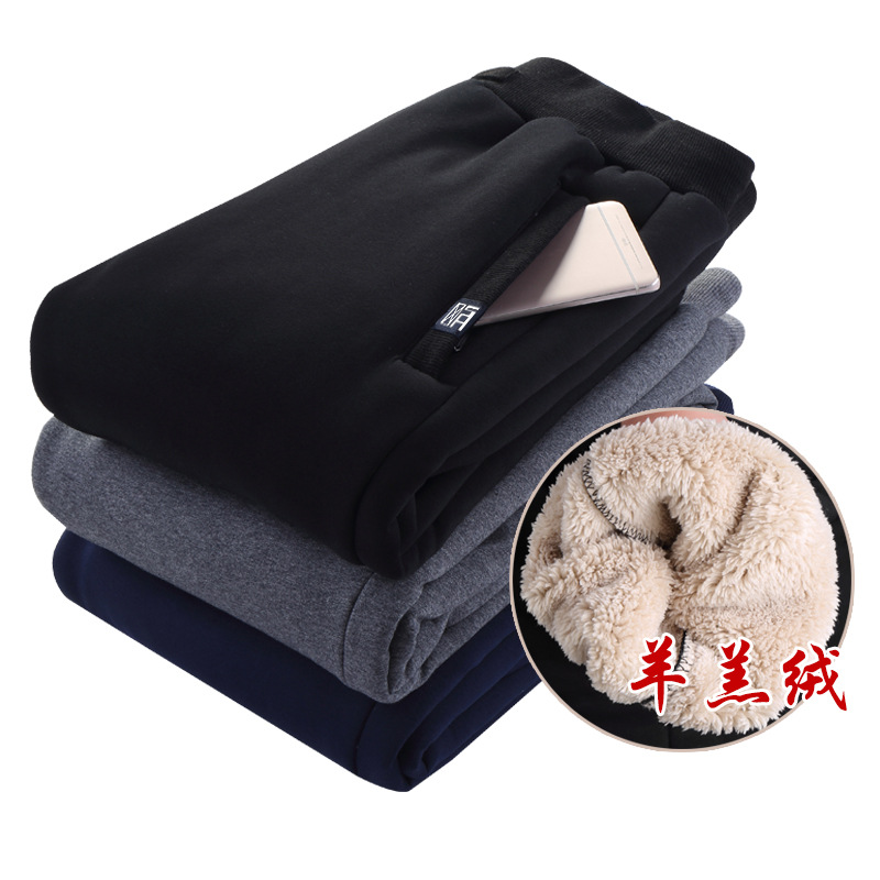 Winter sports pants men's skinny fleece-lined thickened lambswool pants warm sweatpants slim fit ankle-tied men's casual pants