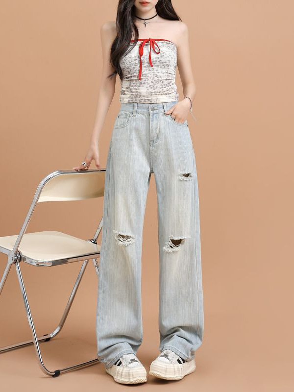 High-Quality Ripped Wide-Leg Jeans for Women 2025 Spring and Summer New Loose Slimming Look High-Waist Draped Straight Floor-Length Pants