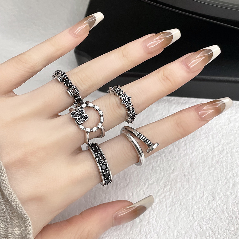 Personalized Retro Punk Open Ring Niche Design Sense Cross Nail Zircon Fashion Stacked Finger Ring for Women