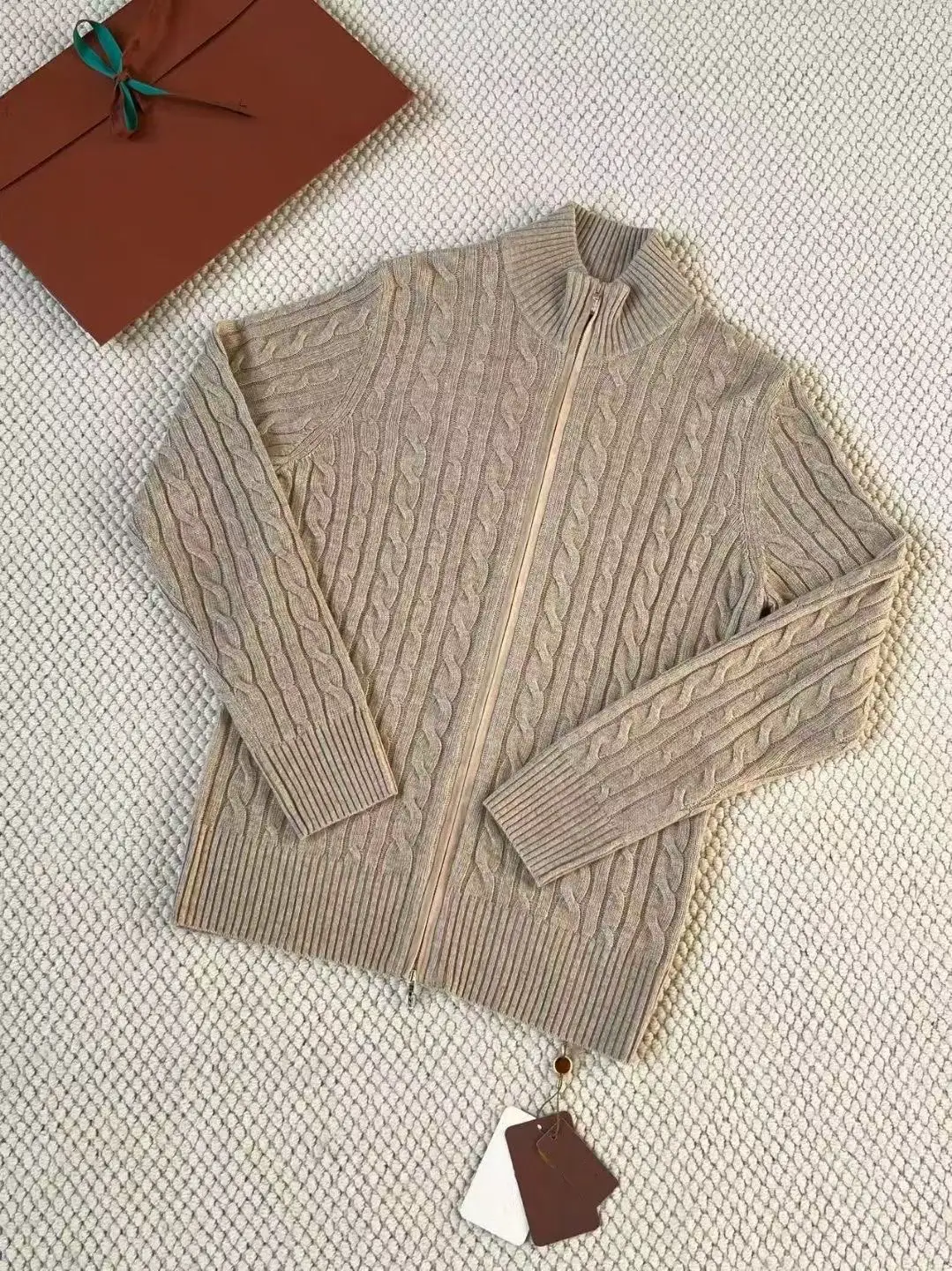Zhen Dian Lao Qian L/P Men's Everyday Versatile Simple Half-Turtleneck Zipper Cable Knit Cashmere Sweater Jacket