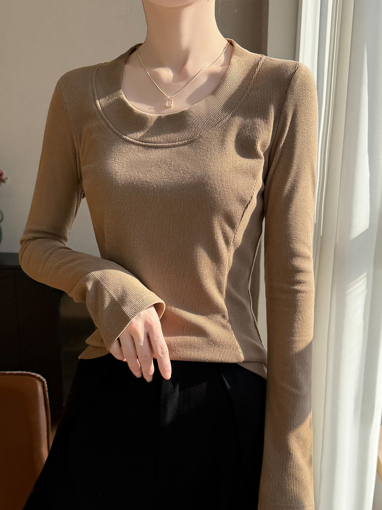 2026 Spring U-Neck Ribbed Long-Sleeve T-Shirt for Women, Solid Color Slim-Fit Base Layer Top, Slimming Inner Wear Basic Style Top