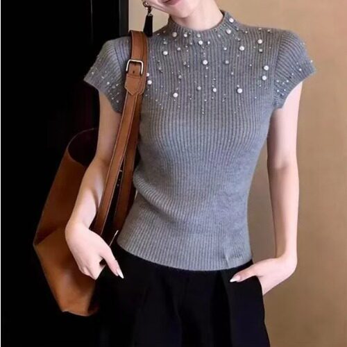 Half-High Collar Gray Pearl Short-Sleeved Knitwear for Women 2026 Spring and Summer New Style Elegant Slim Fit T-Shirt Bottoming Shirt Top