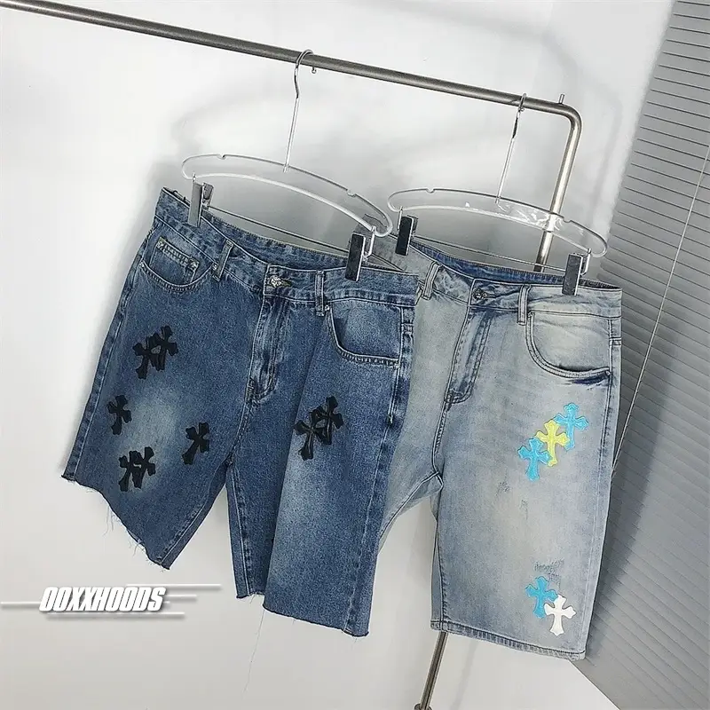 Can Watch and Play Versatile Young Man Trendy Casual Summer Cross Leather Stylish Street Washed Denim shorts