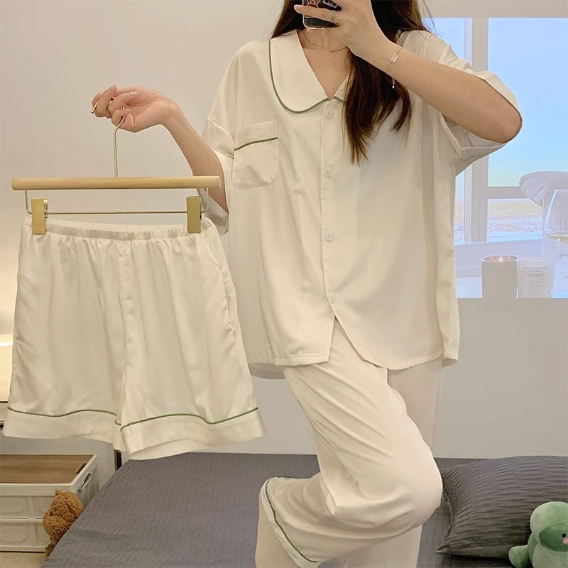 High-End Solid Color Pure Cotton Pajamas for Women, Summer Short-Sleeved Shorts and Long Pants Three-Piece Set, Women's Home Wear, Girls' Set