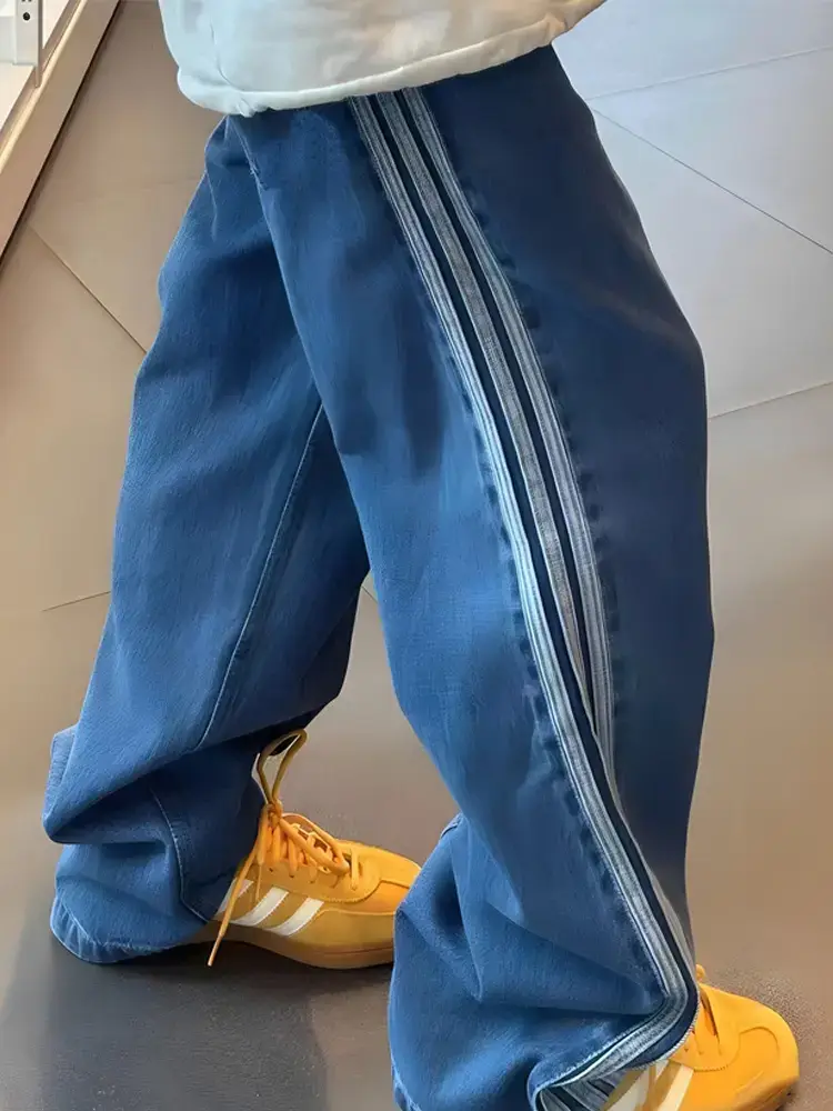 Fog Miki Joint Three-Stripe American Style Niche style High Street Trendy Washed Spring & Fall Denim Loose Straight-leg pants Men
