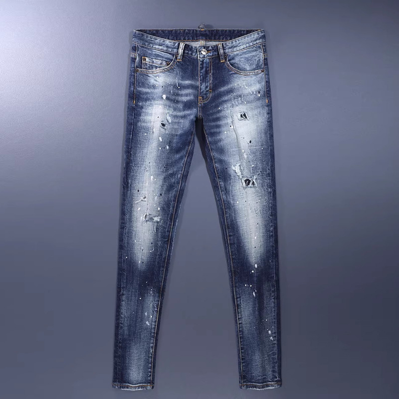 American High Street Fashion Ripped Jeans for Men, Trendy Distressed Blue Wash with Paint Spray, Trendy Brand Slim Fit Skinny Pants for Men