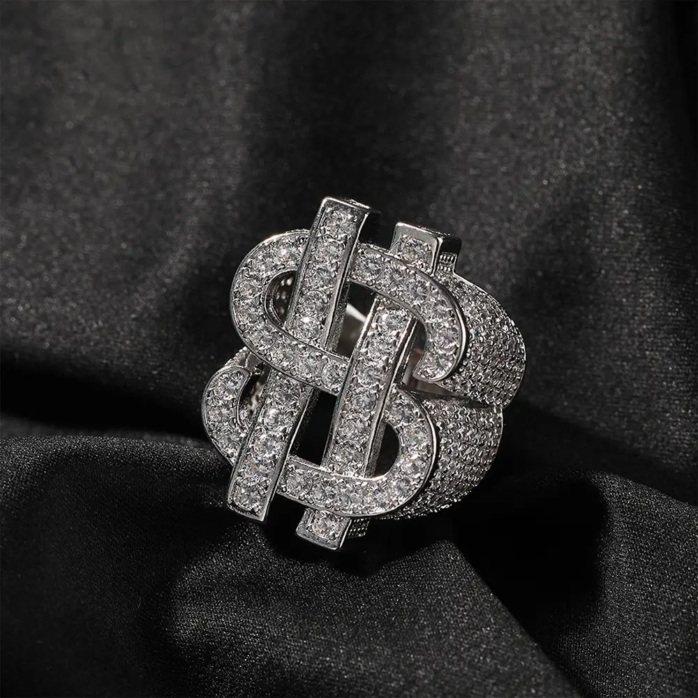Fashion New arrival Full Diamond Dollar Symbol Ring Trendy Stylish hip hop Men Ring Trendy Easiest for match Street Tail Ring