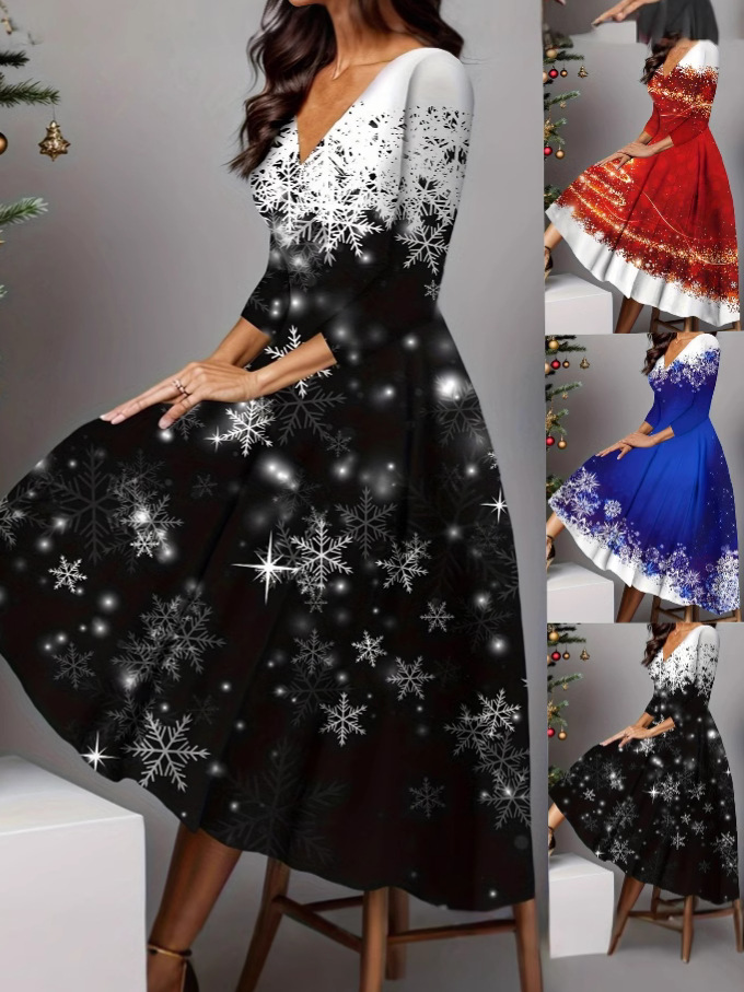 Cross-border foreign trade 2025 Amazon quick sale independent station Christmas snowflake printed V-neck long sleeve large skirt dress