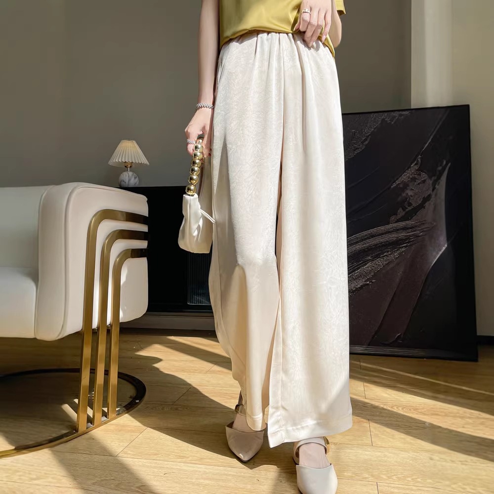 New Chinese-Style 2026 Summer Satin Wide-Leg Pants High-Waisted Drapey Casual Floral Wide-Leg Pants Slim Straight-Leg Pants