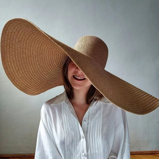 European and American cross-border ins oversized brim straw hat women's foldable holiday beach hat 70cm big brim sun protection sun hat