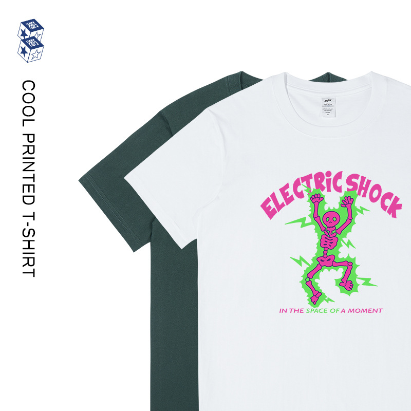 Men's 230g Trendy Electric Shock Skull Printed T-Shirt Men's Round Neck Loose Cotton Short-Sleeved Youth Tops Women's Tee