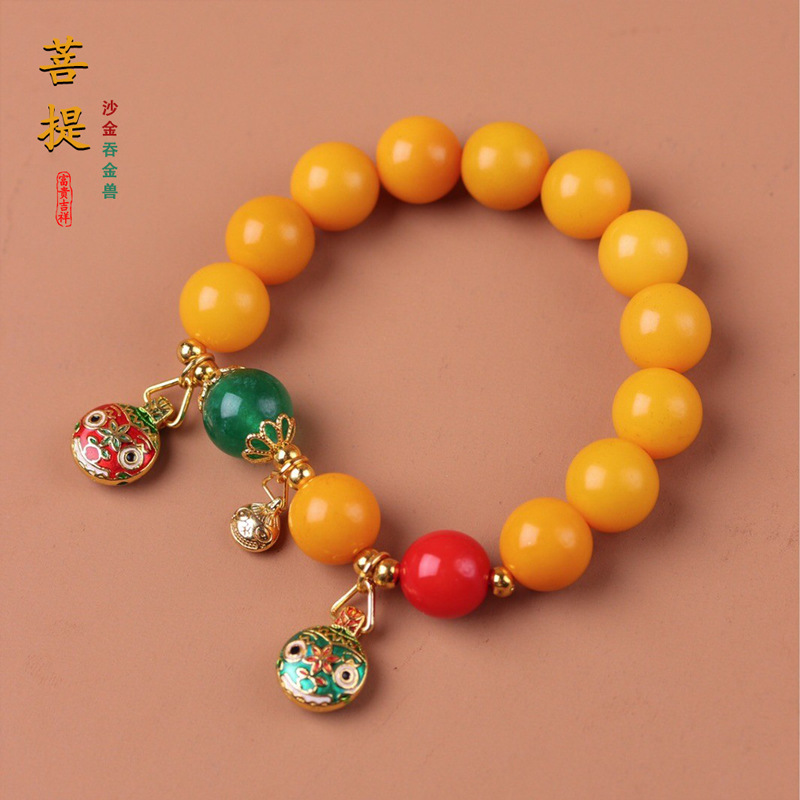 Natural Original Topaz Bodhi Root Single Circle Bracelet Sand Gold Oil Painted Small Pendant Wen Play Hand-held Buddha Bead Bracelet