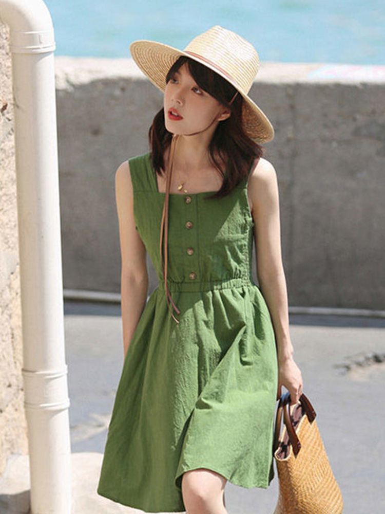 Waist-Cinching Dress for Women 2026 Summer Korean Style Slimming Elegant Lady Dress Short Strap Dress for Petite Figures