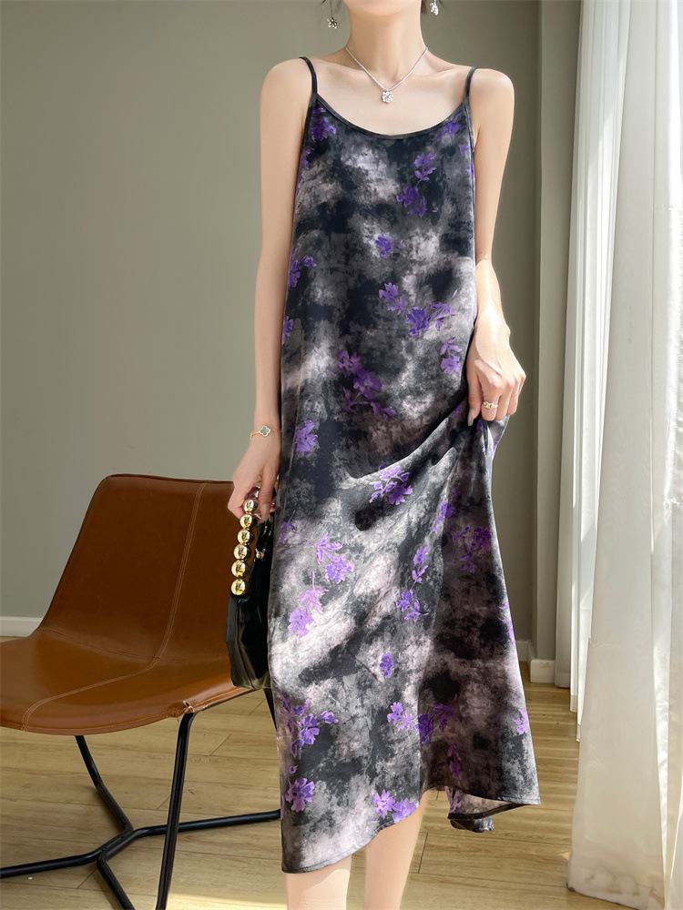 Acetate Satin Round Neck Purple Flower Ink Painting Suspender Skirt 25 Summer New Single Shoulder Strap U-Neck Sleeveless Versatile Long Skirt