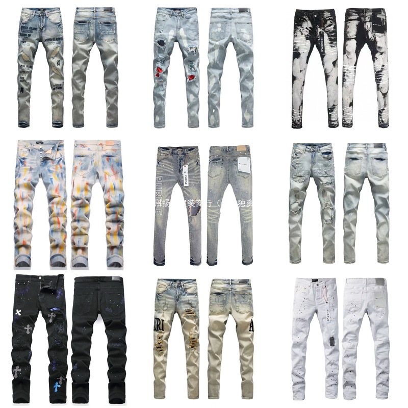 Foreign Trade Cross-Border Purplebr High Street Ripped Skinny Stretch Jeans with Patch Embroidery Retro Am1Ri Denim Foto QC de 1688 na Qualit.ly