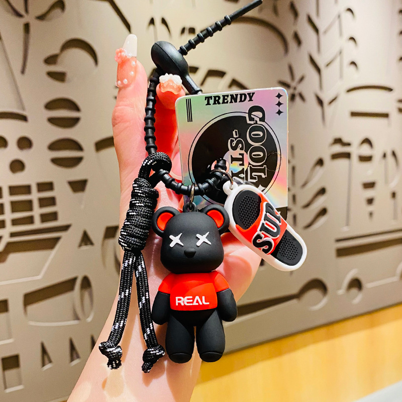 Creative genuine fashion cool slippers bear doll cartoon car key chain couple bag pendant small gift wholesale