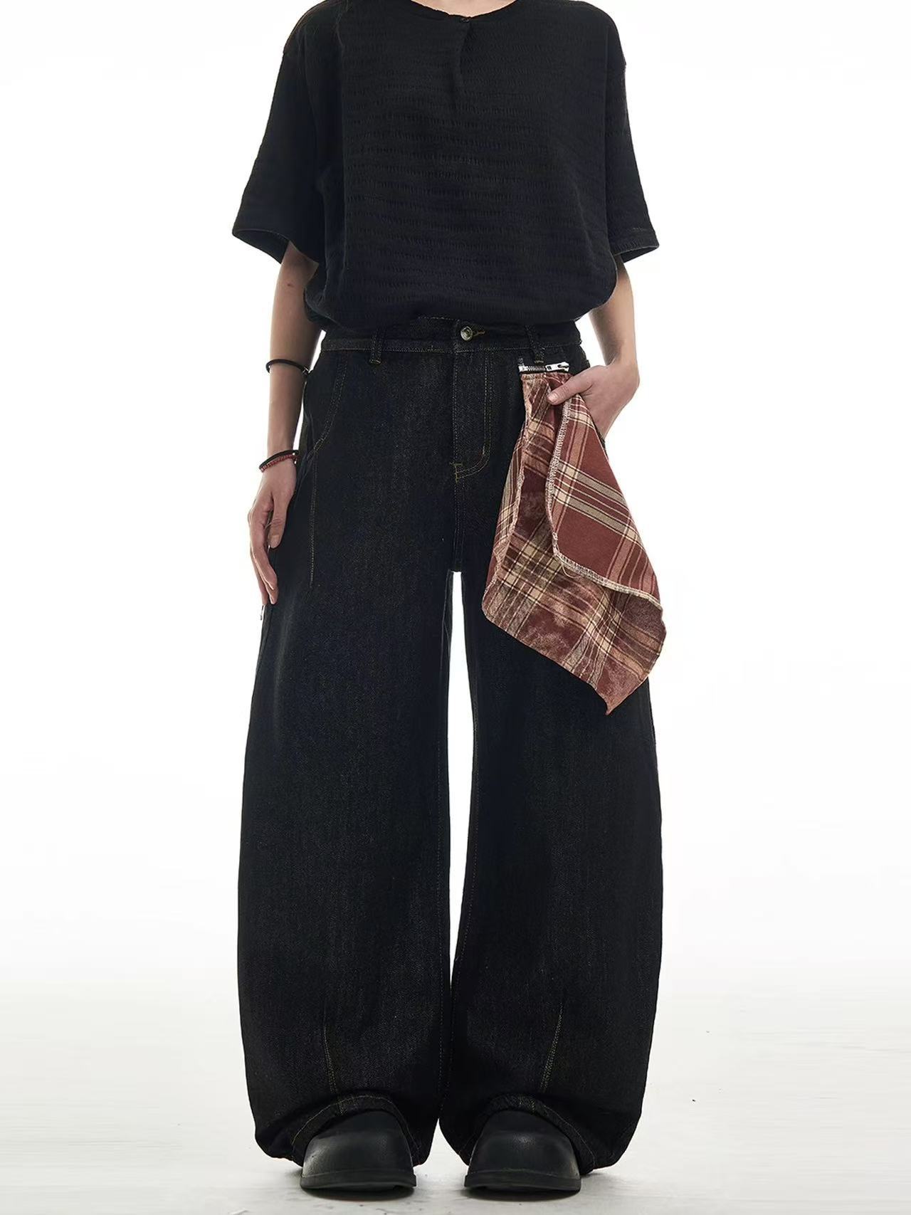 American Retro Plaid Scarf-Style Jeans Unisex Cleanfit Loose Wide-Leg Straight Pants Trendy Brand