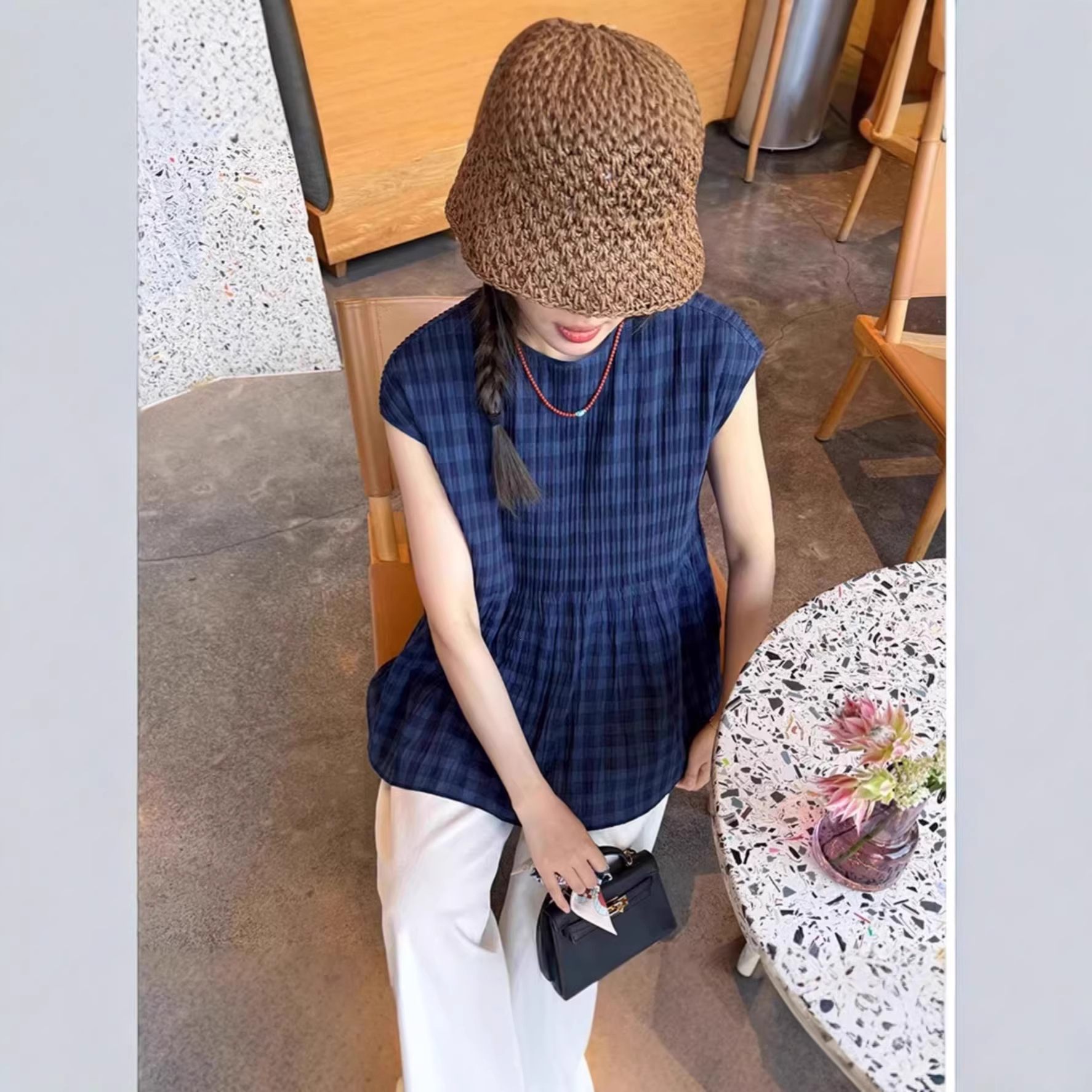 This Atmosphere~ What a Beautiful and Delightful Top! Japanese-Style Plaid with Toothpick Pleats, Stylish and Attractive Blouse, Available for Dropshipping