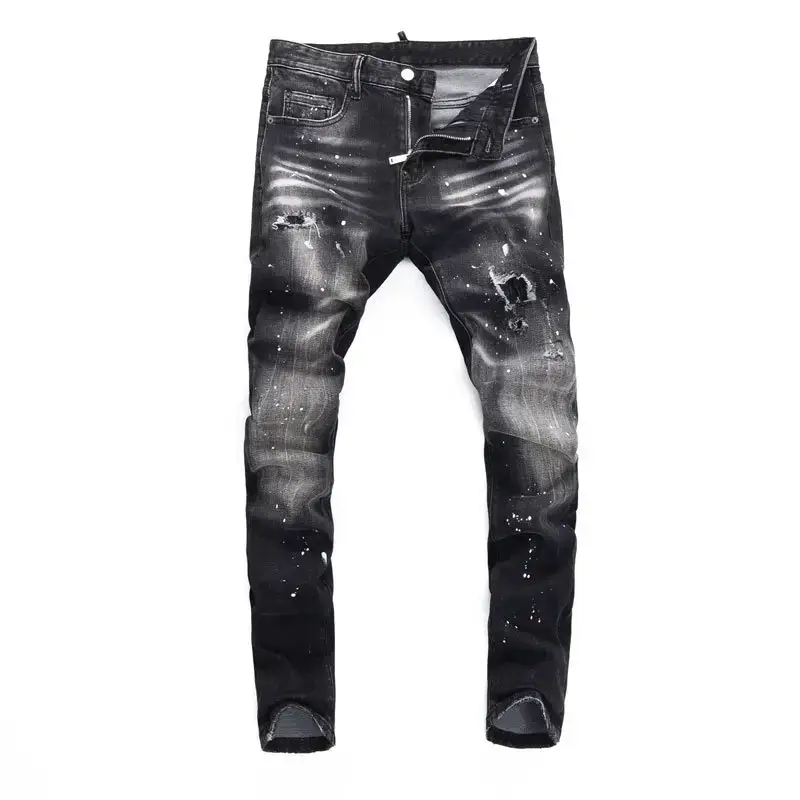 Fashion Street fashion jeans distressed black gray washed ripped patch paint micro elastic slim fit skinny jeans men's fashion