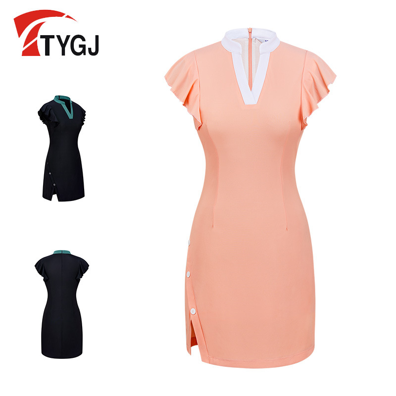 Ttygj Golf Clothing Women's Contrast Color Slim Fit Sports Dress Asymmetric Slit Skirt