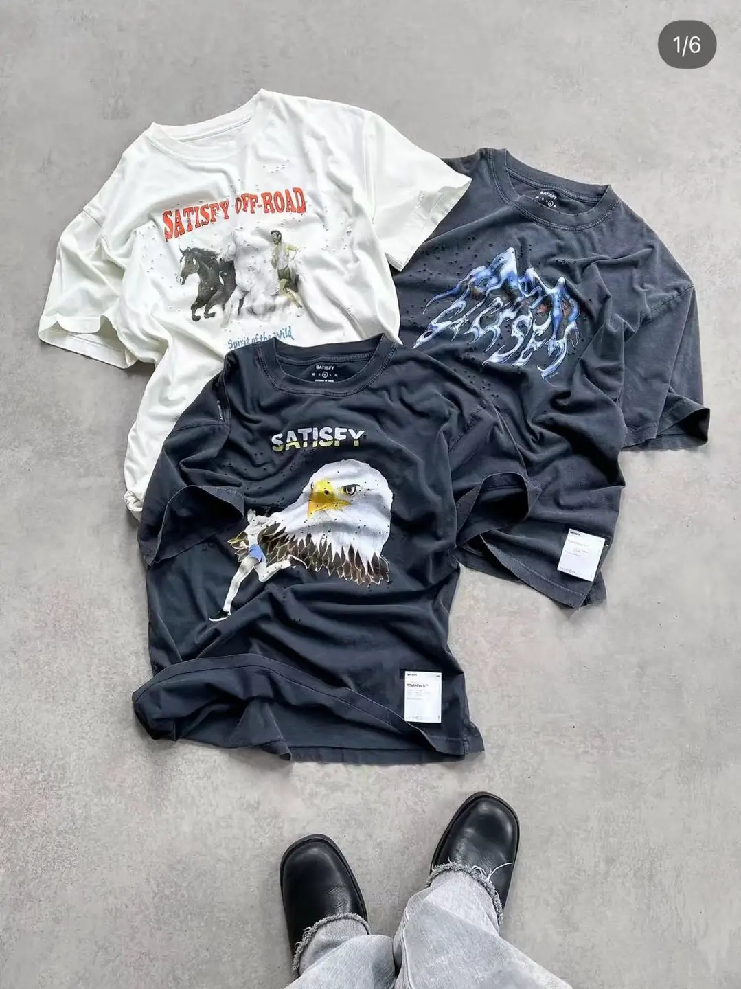Distressed Washed Cotton Eagle Print Vintage Short-Sleeve Jogging Marathon T-Shirt