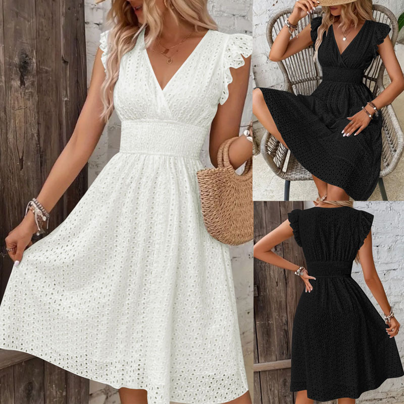 Amazon European and American Cross-Border Export Lotus Leaf Sleeve Large Size Dress Women's Summer V Neck Cut Out Embroidered Dress Mid-Length