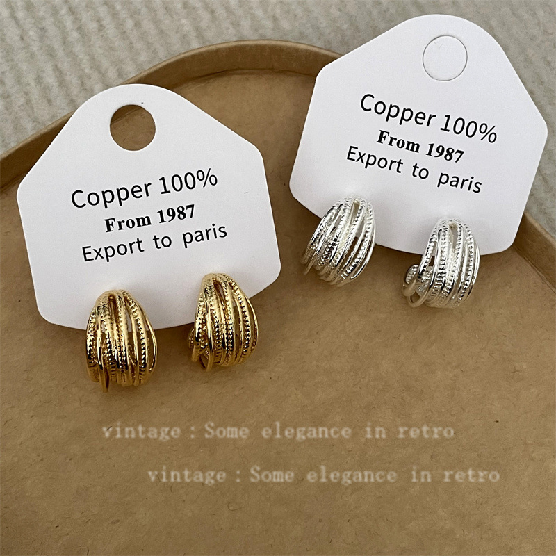 Cold Style Light Luxury Multi-Layer Silk Wrap Niche Design Sense C- Shaped Earrings for Daily Commuting All-Match 2024 New Earrings for Women