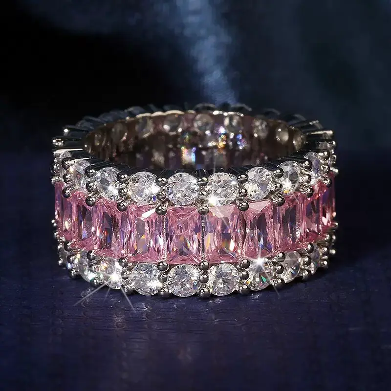 Mst Bling Fashionable Pink Cubic Zirconia Ring European and American Hip-Hop Trendy Personalized Ring