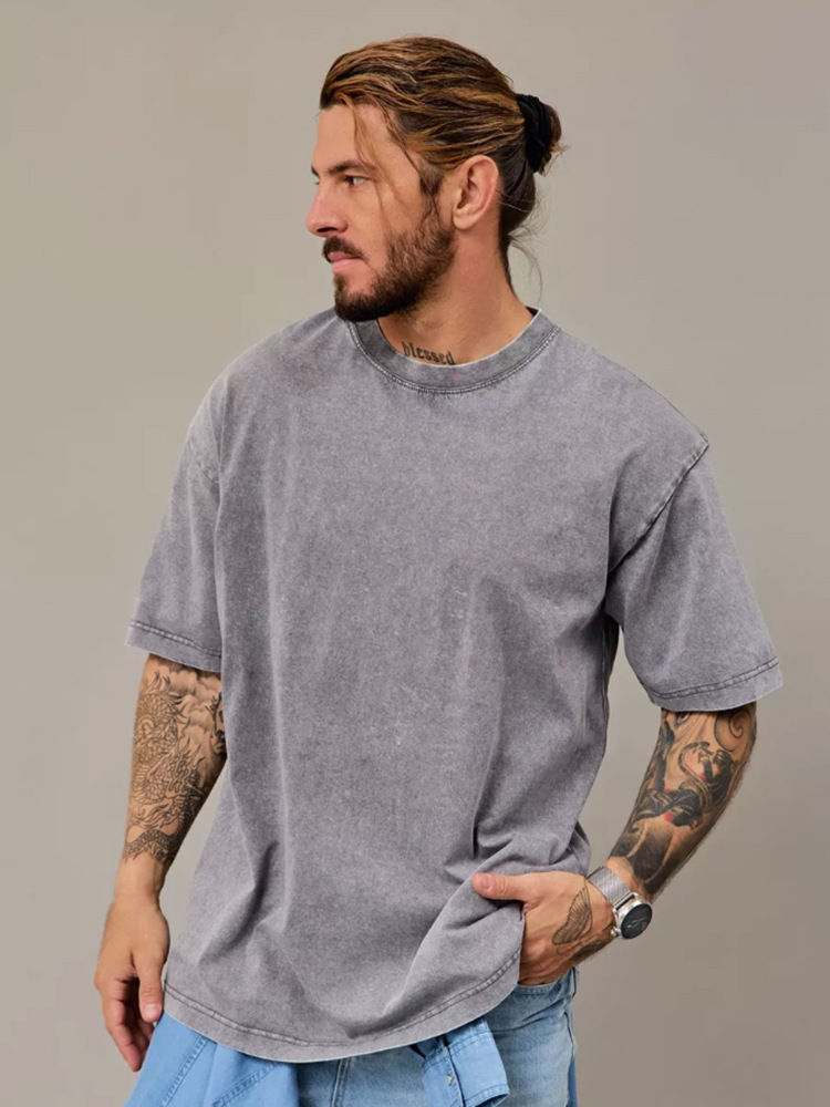 Heavy Weight Distressed Short-Sleeved T-Shirt Men's Summer New Round Neck Loose Oversize American Retro Ins Trendy Brand Top