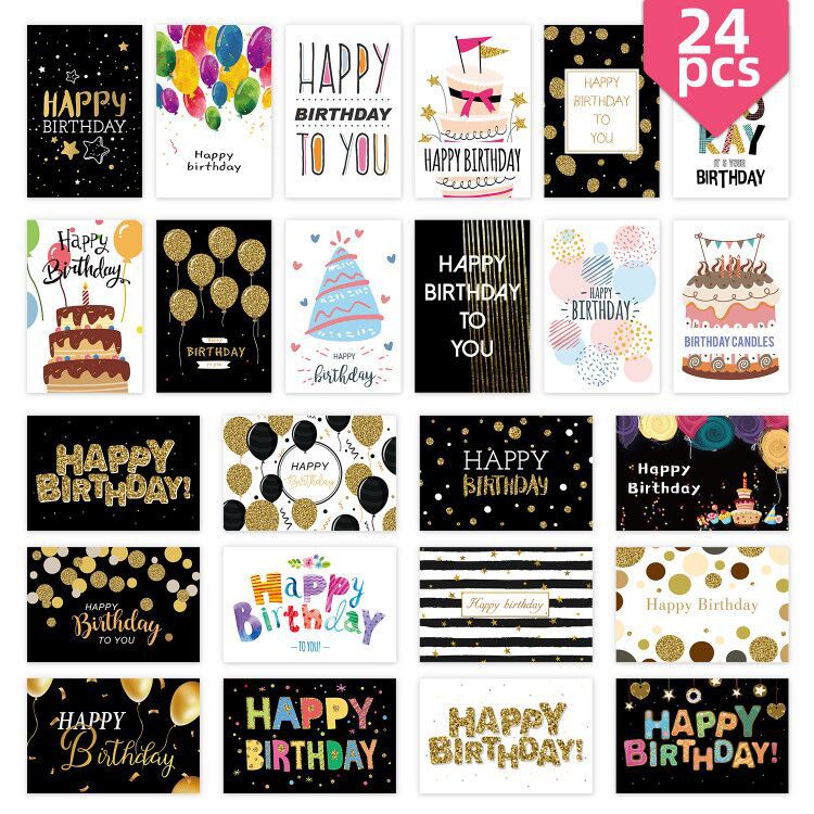 Creative Cross-border Amazon Set Birthday Greeting Card Folding Flat Card with Envelope Sticker 24 Set
