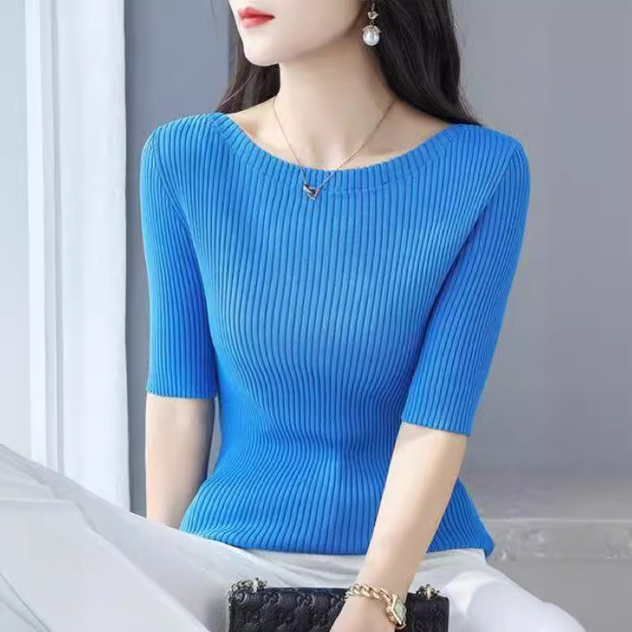 High-End Black Off-Shoulder Round Neck Short-Sleeve Knit Top for Women, New 2026 Summer Style, Cool Silk Base Shirt