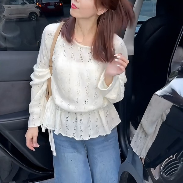 Spring New Style Heavy-Duty Crochet Hollow-Out Waist-Cinching Drawstring Knit Sweater for Women, Designed with a Lazy and Gentle Style, Stunningly Beautiful Sweater