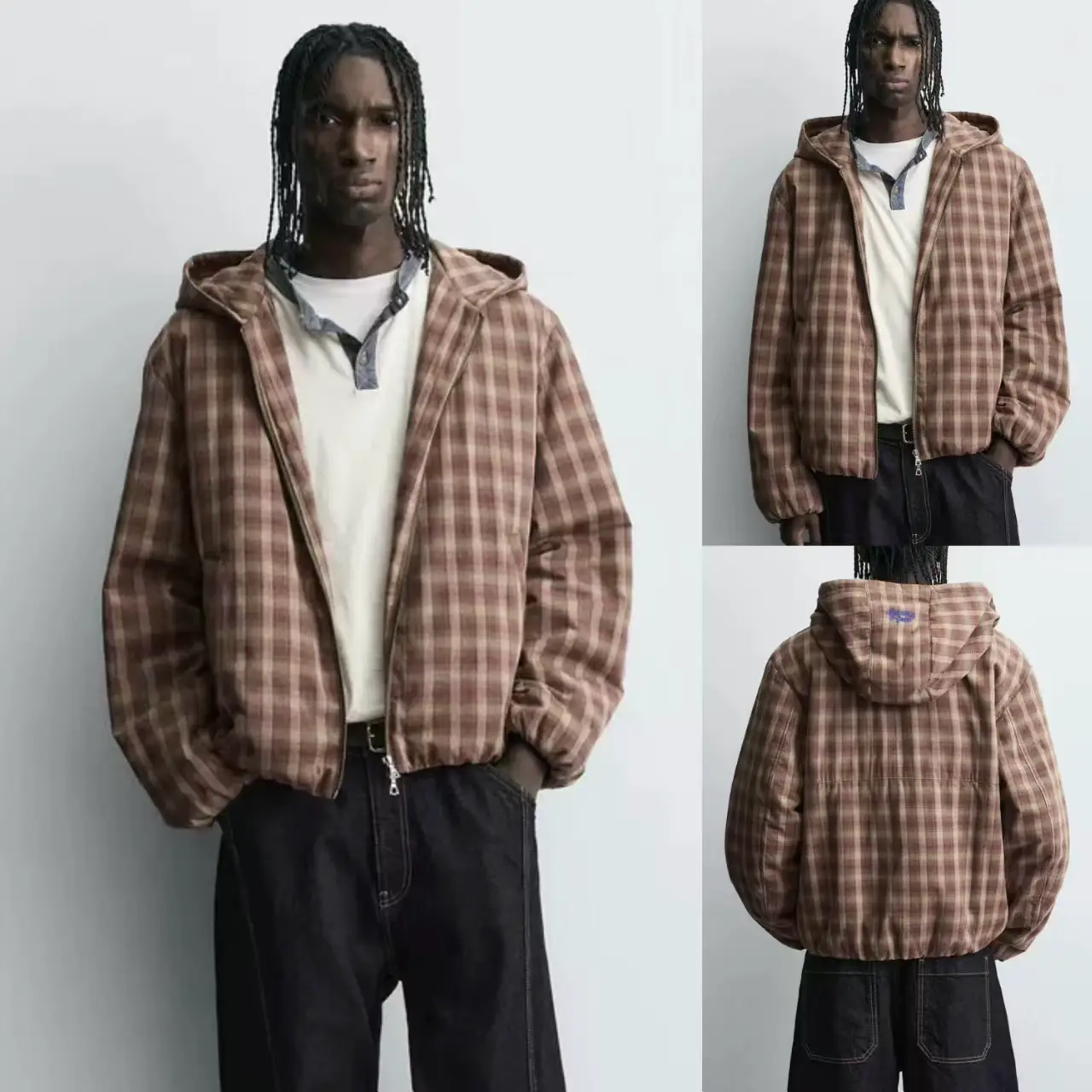 2025 Autumn New Men's Cotton Loose Hooded Plaid jacket Outwear Thin Cotton Clothes 8281460 609