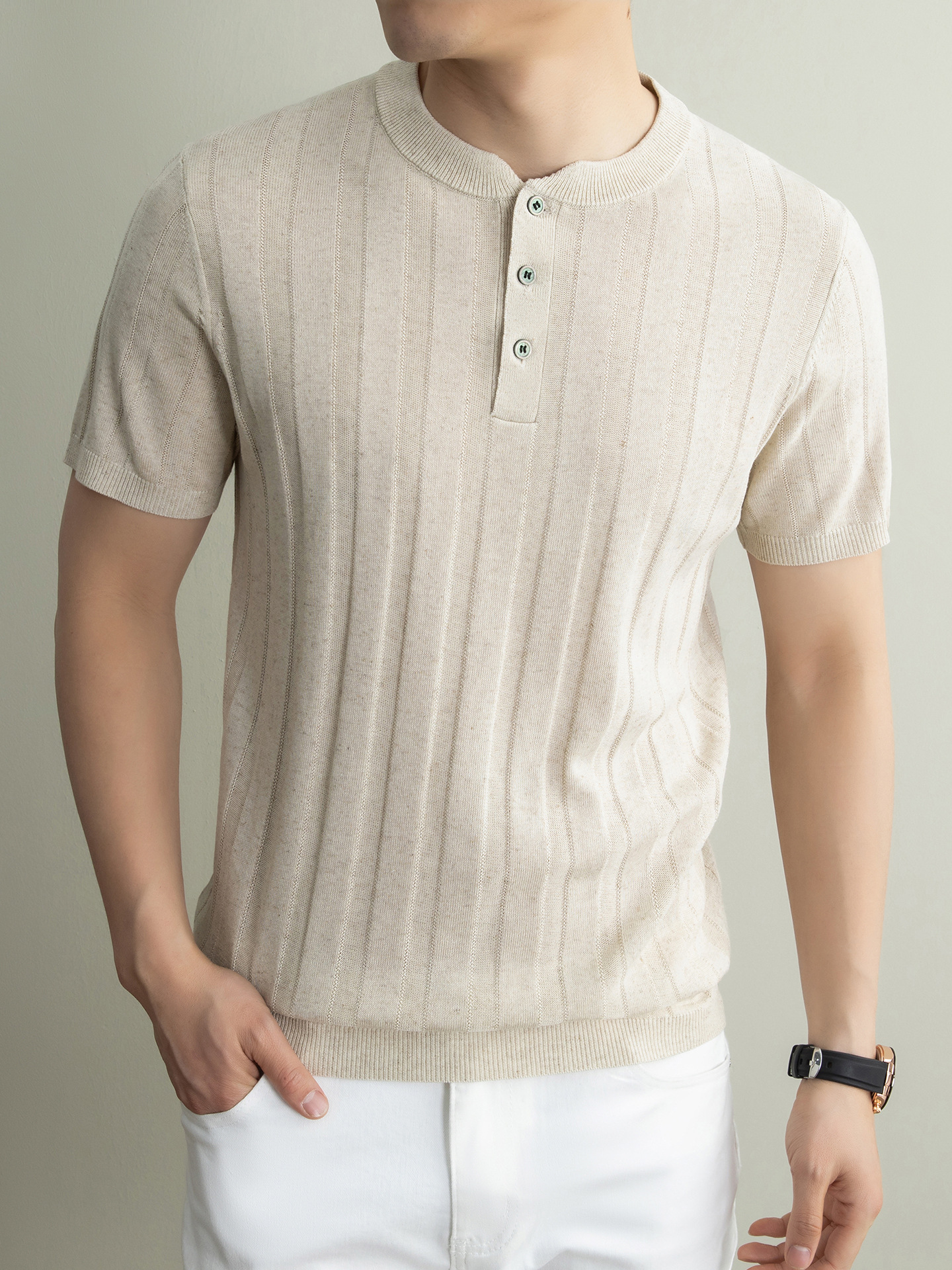 Cross-Border Foreign Trade High-End Henry Collar Men's Knitwear Short-Sleeved Casual Business T-Shirt Men's Dad Clothes Men's Wholesale