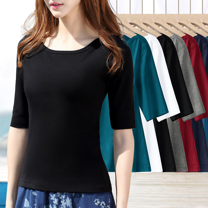 Black Clavicle-exposed Shoulder Top Women's Thread Summer Slim-fit Basic Mid-sleeve Seven-point Sleeve T-shirt Base Shirt