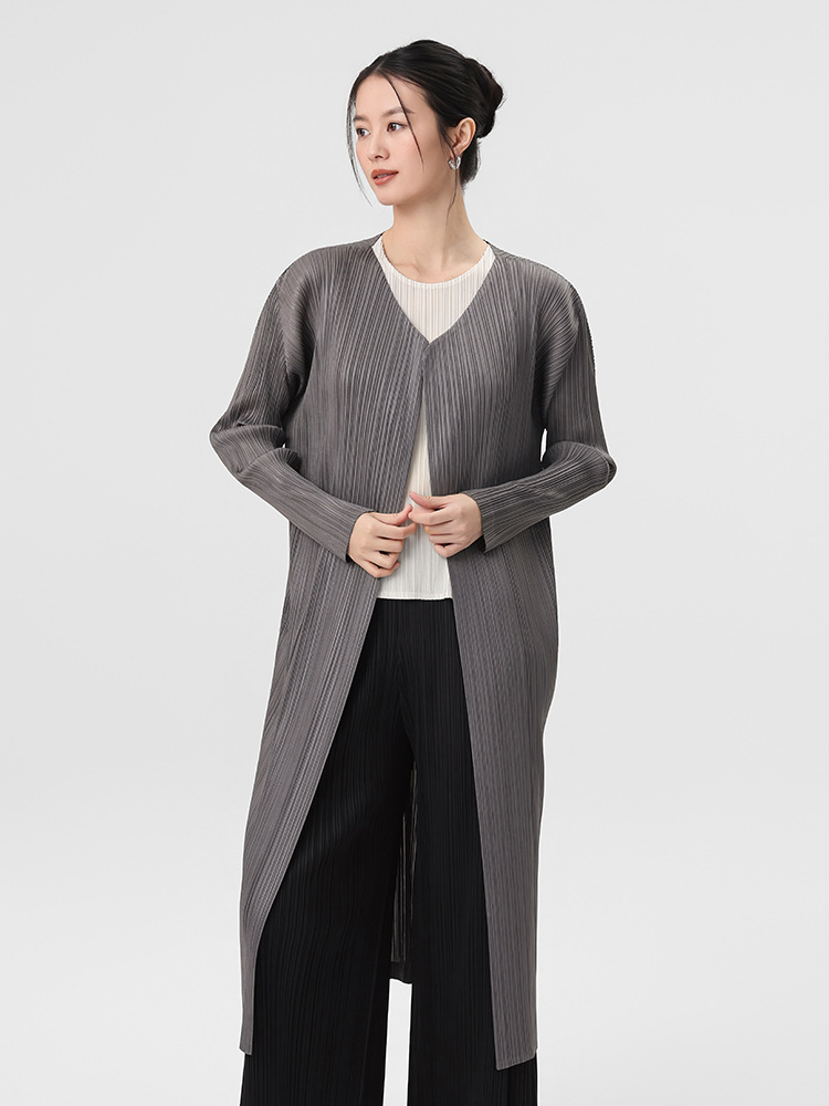 Miyake Commuter Style Pleated Cardigan Spring and Autumn Fashionable Casual Versatile Mid-Length Long Sleeve Trench Coat for Women