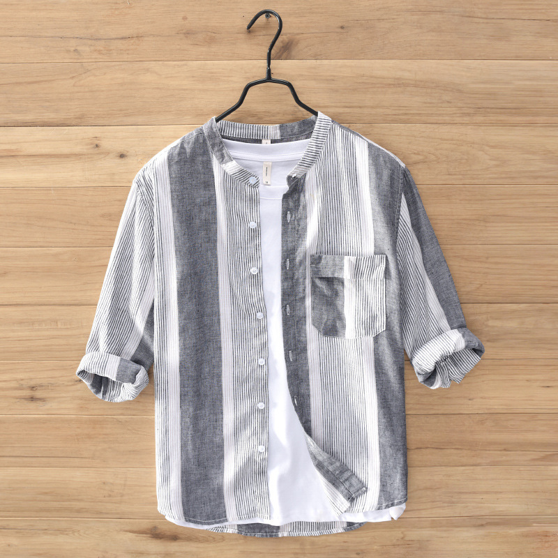790 spring and autumn casual color matching short shirt men's cotton and linen five short sleeve striped shirt coat a generation of hair