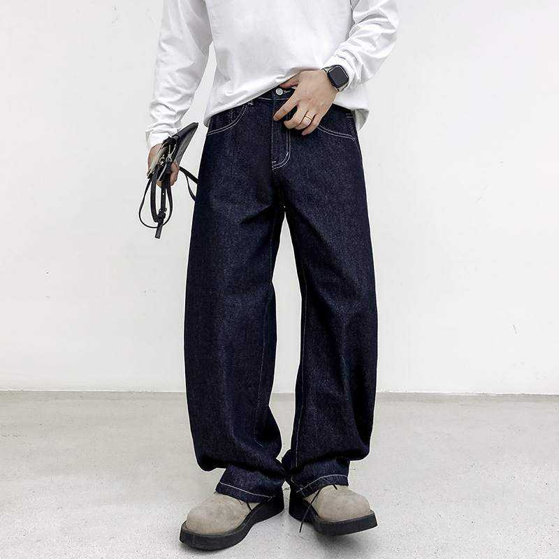 Men's Denim Dark Blue Denim Trousers Men's Loose Straight-Leg American Casual Retro Trendy Washed Pants Autumn