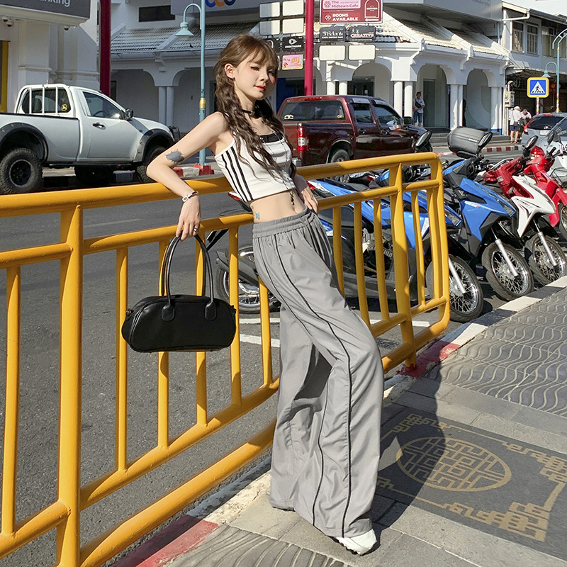 American High Street Quick-drying Parachute Pants for Women 2024 Summer Thin High-waisted Leggings Gray Wide-leg Casual Pants